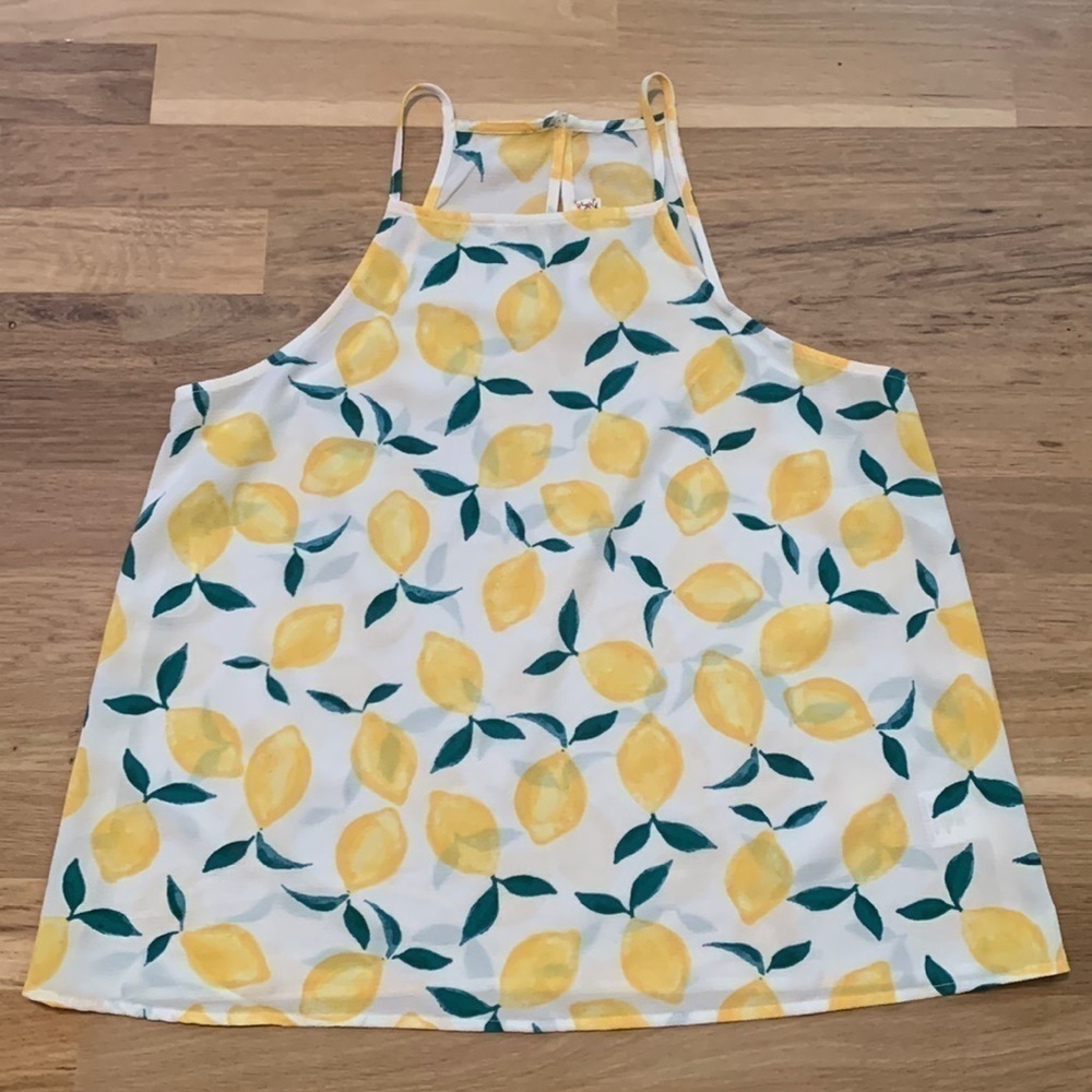 PINK Rose High Neck Flowy Lemon Print Spaghetti Strap Tank Top Women’s S